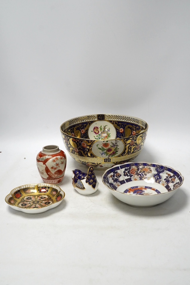 A small Japanese Kutani jar, a Chinese bowl, two pieces of Royal Crown Derby and a Victorian bowl, 10cm tall. Condition - fair to good, Kutani jar has hairline star crack to base